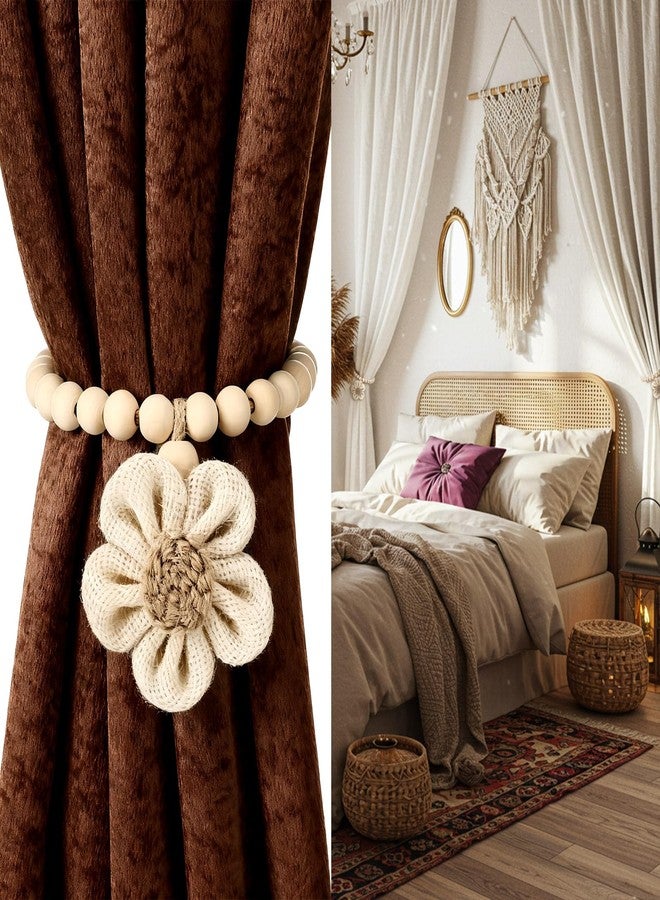 Fiwochic 2 Pcs Beaded Sunflower Magnetic Curtain Tiebacks Boho Wooden Curtain Tie Backs for Farmhouse Curtains Holders for Bedroom Decor Baby Nursery Decor for Home Office(Linen,Classic Style) - Image 4